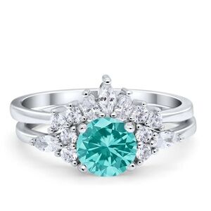 Two Piece  Ring Round Simulated Paraiba Tourmaline CZ 925 Sterling Silver size 9